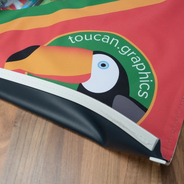 Silicone edge textile fabric print with gel keder sewn to the edges