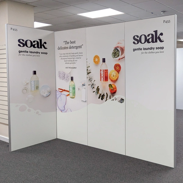 an l-shaped exhibition stand with 4 printed graphics panels at ais cranmore park solihull